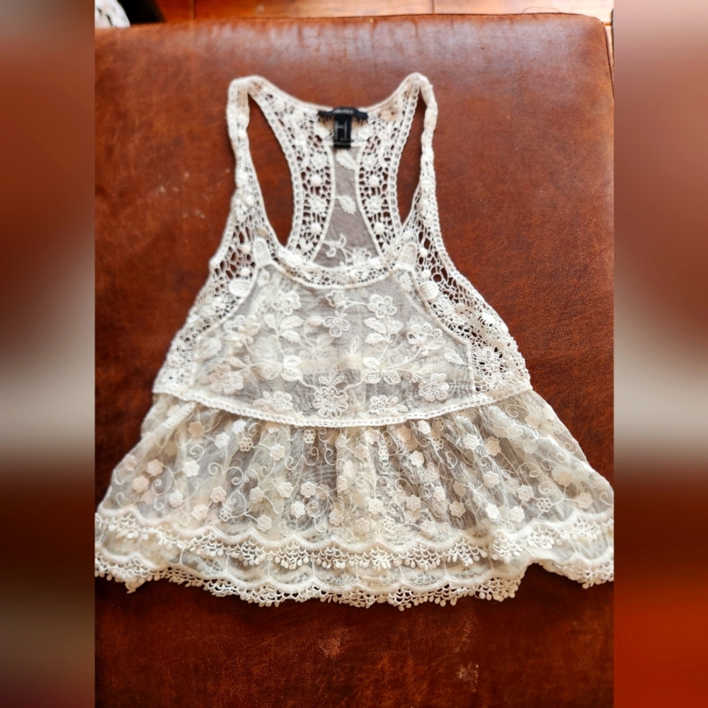 Forever 21 Lace Racerback Sheer Peplum Tank Top